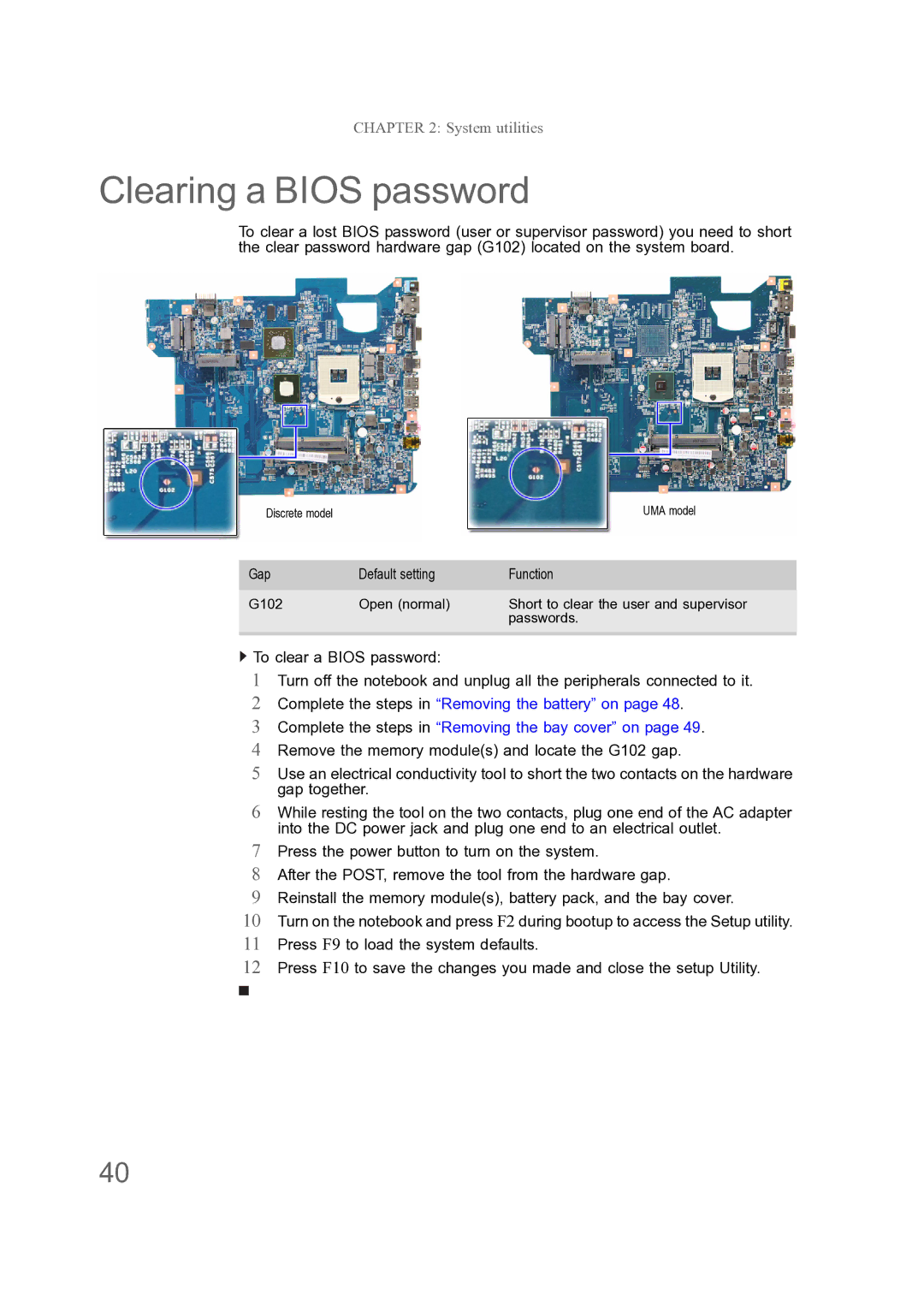 Acer ENTJ78, ENTJ77, ENTJ75, ENTJ76 manual Clearing a Bios password 