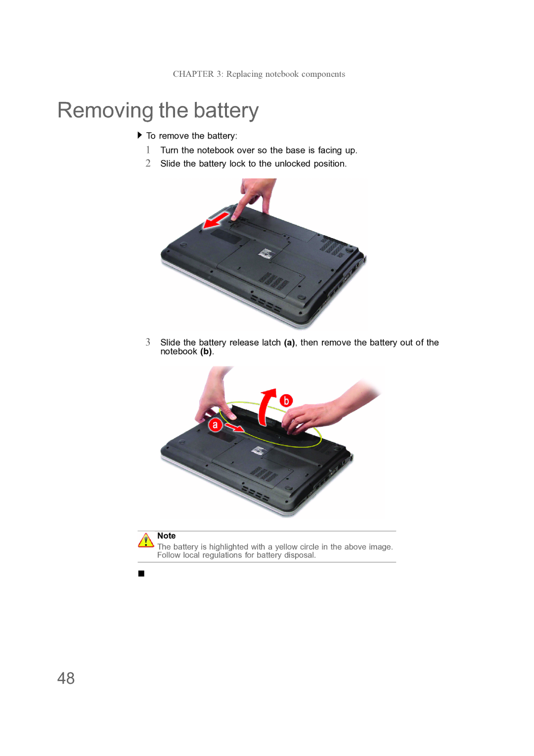 Acer ENTJ78, ENTJ77, ENTJ75, ENTJ76 manual Removing the battery 