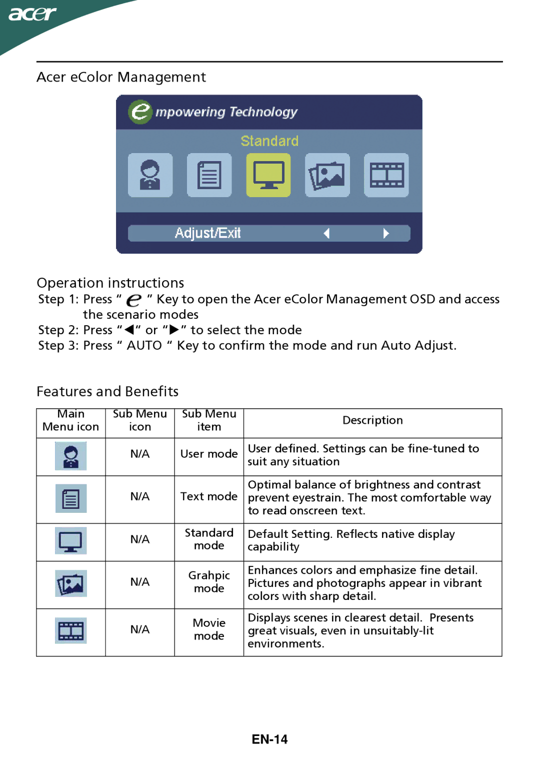 Acer ET.DG5HP.006 manual Acer eColor Management Operation instructions, EN-14 