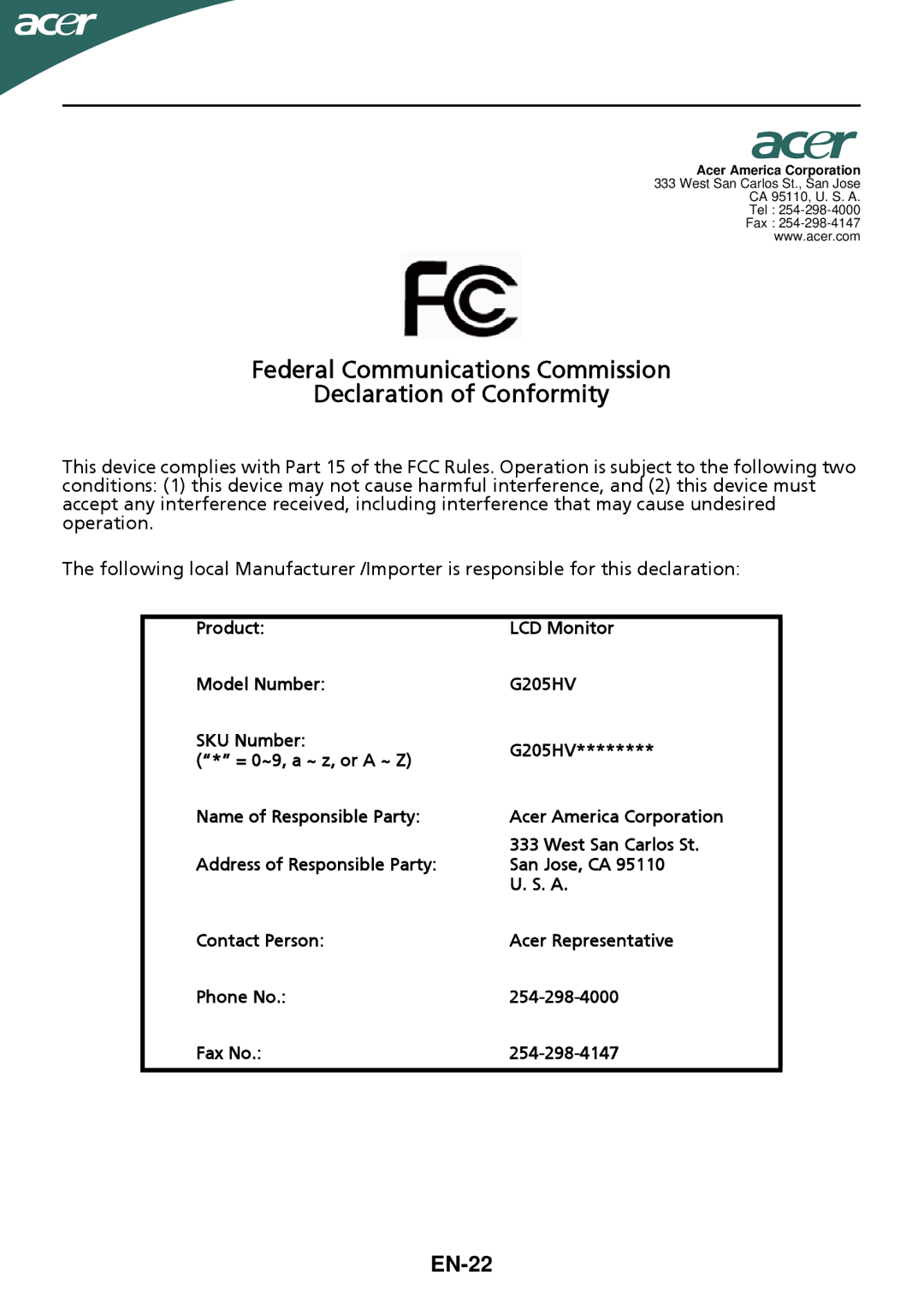 Acer ET.DG5HP.006 manual Federal Communications Commission Declaration of Conformity, EN-22 