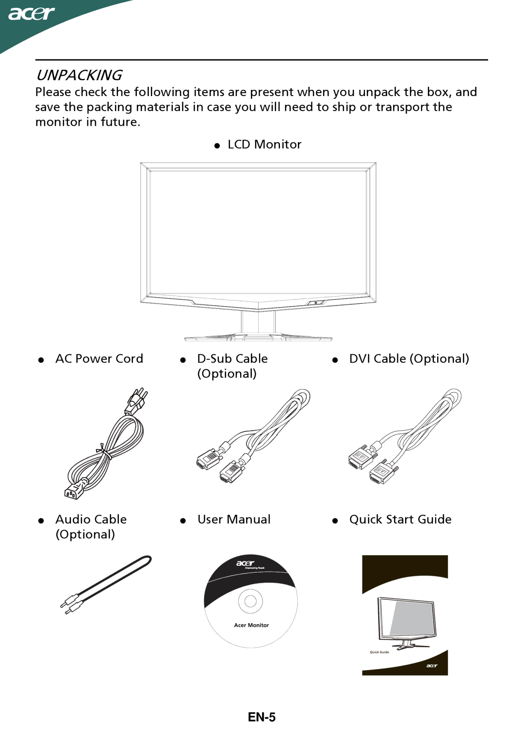 Acer ET.DG5HP.006 manual Unpacking, EN-5 