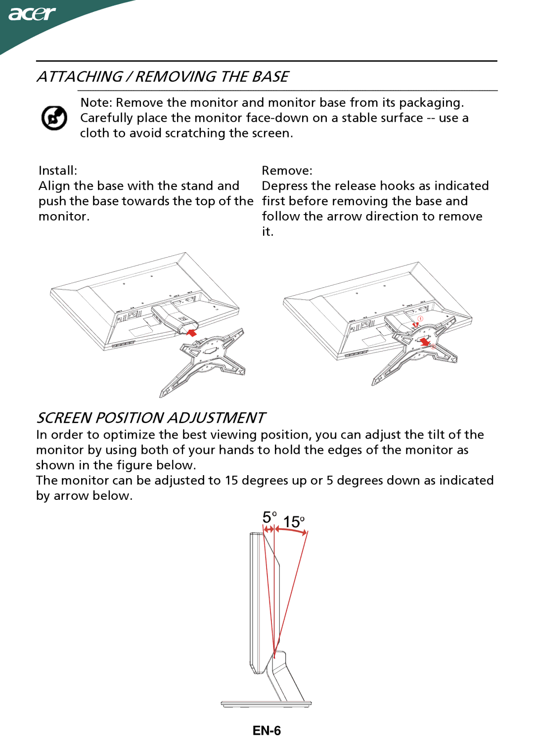 Acer ET.DG5HP.006 manual Attaching / Removing the Base, Screen Position Adjustment, EN-6 