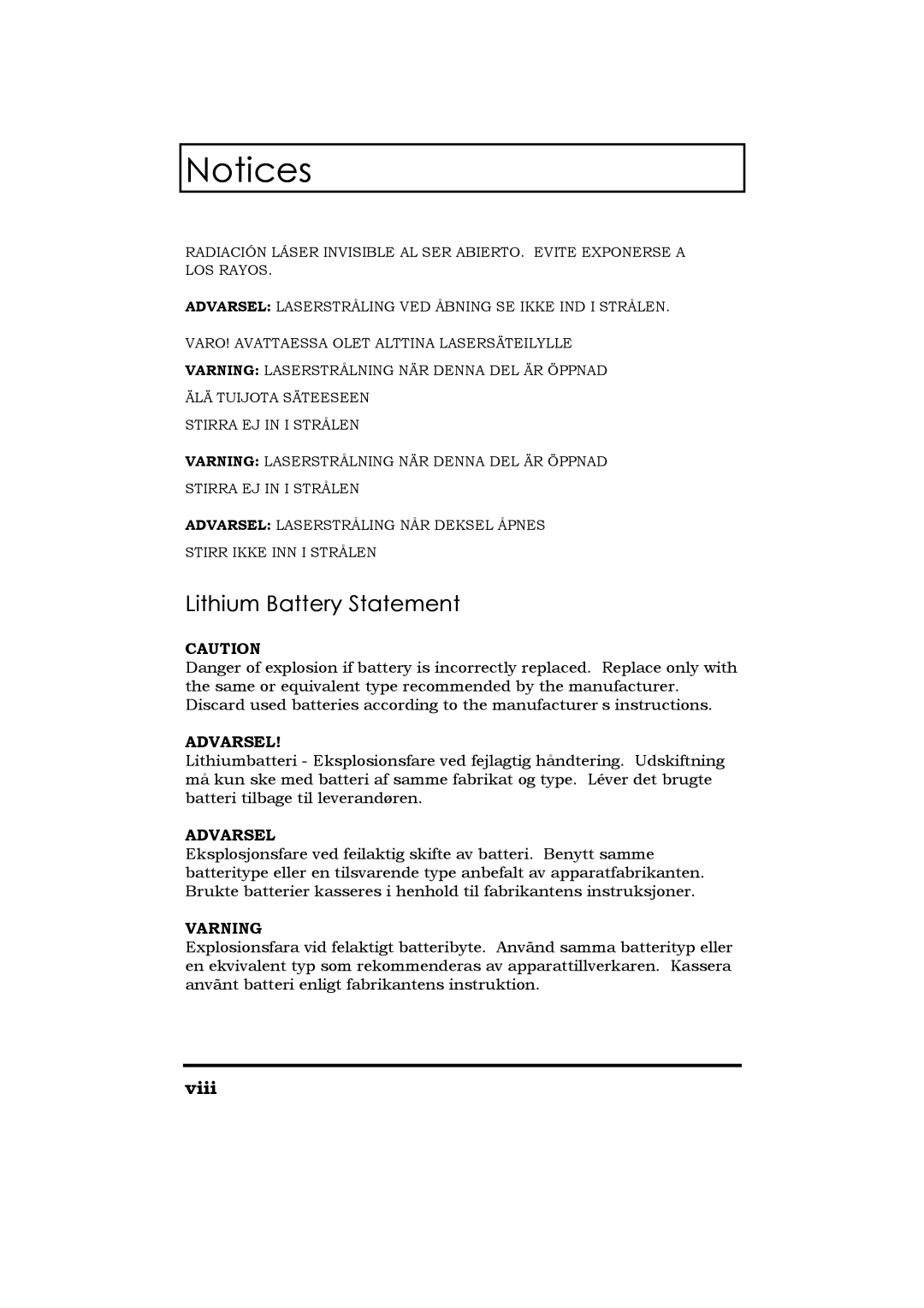 Acer Extensa 365 manual Lithium Battery Statement, Varning 