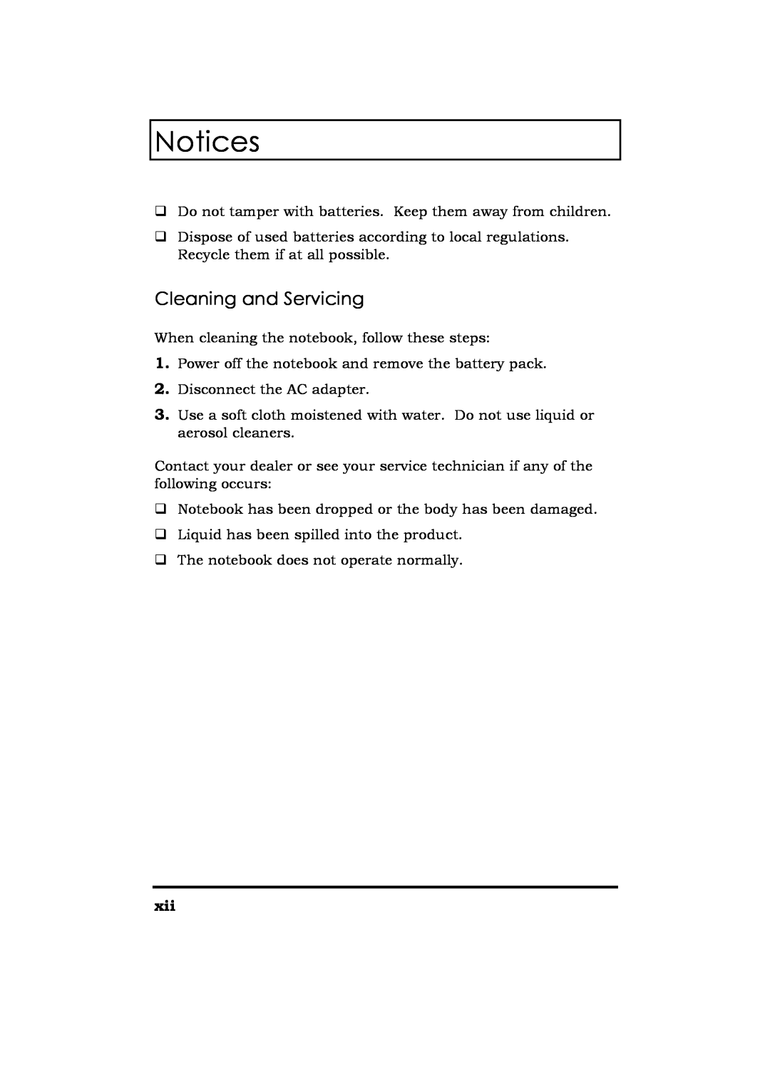Acer Extensa 365 manual Cleaning and Servicing, Notices 
