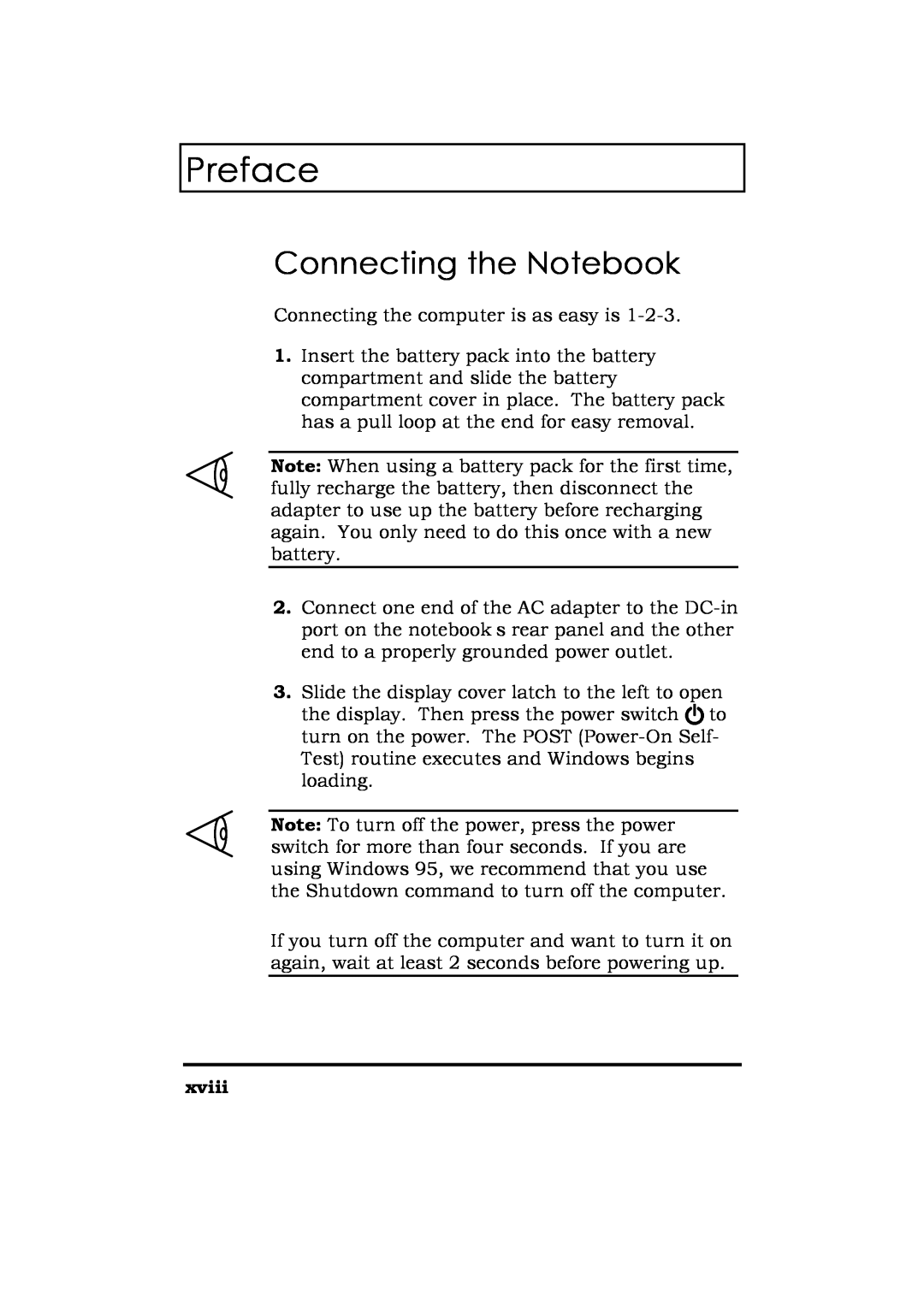 Acer Extensa 365 manual Connecting the Notebook, xviii, Preface 