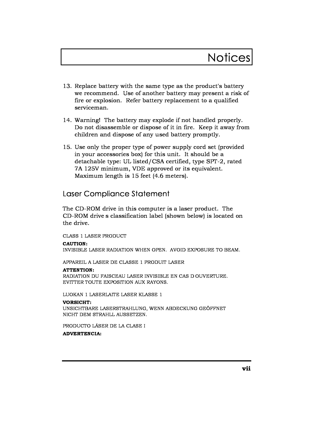 Acer Extensa 365 manual Laser Compliance Statement, Notices, Vorsicht, Advertencia 