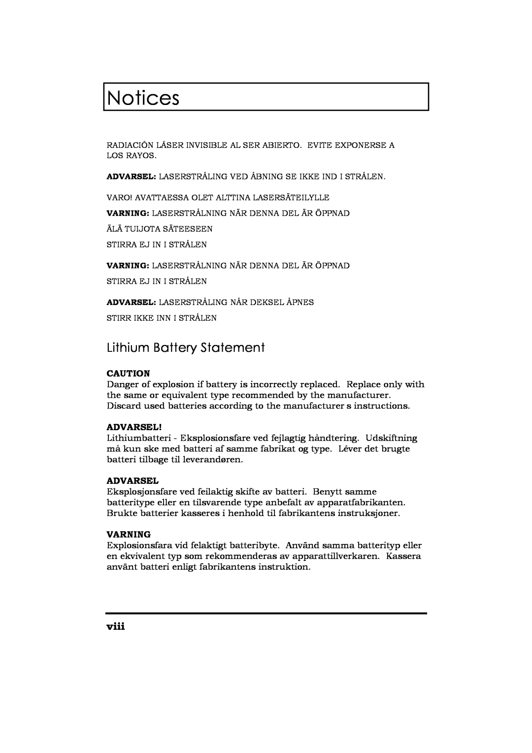 Acer Extensa 365 manual Lithium Battery Statement, viii, Notices, Advarsel, Varning 