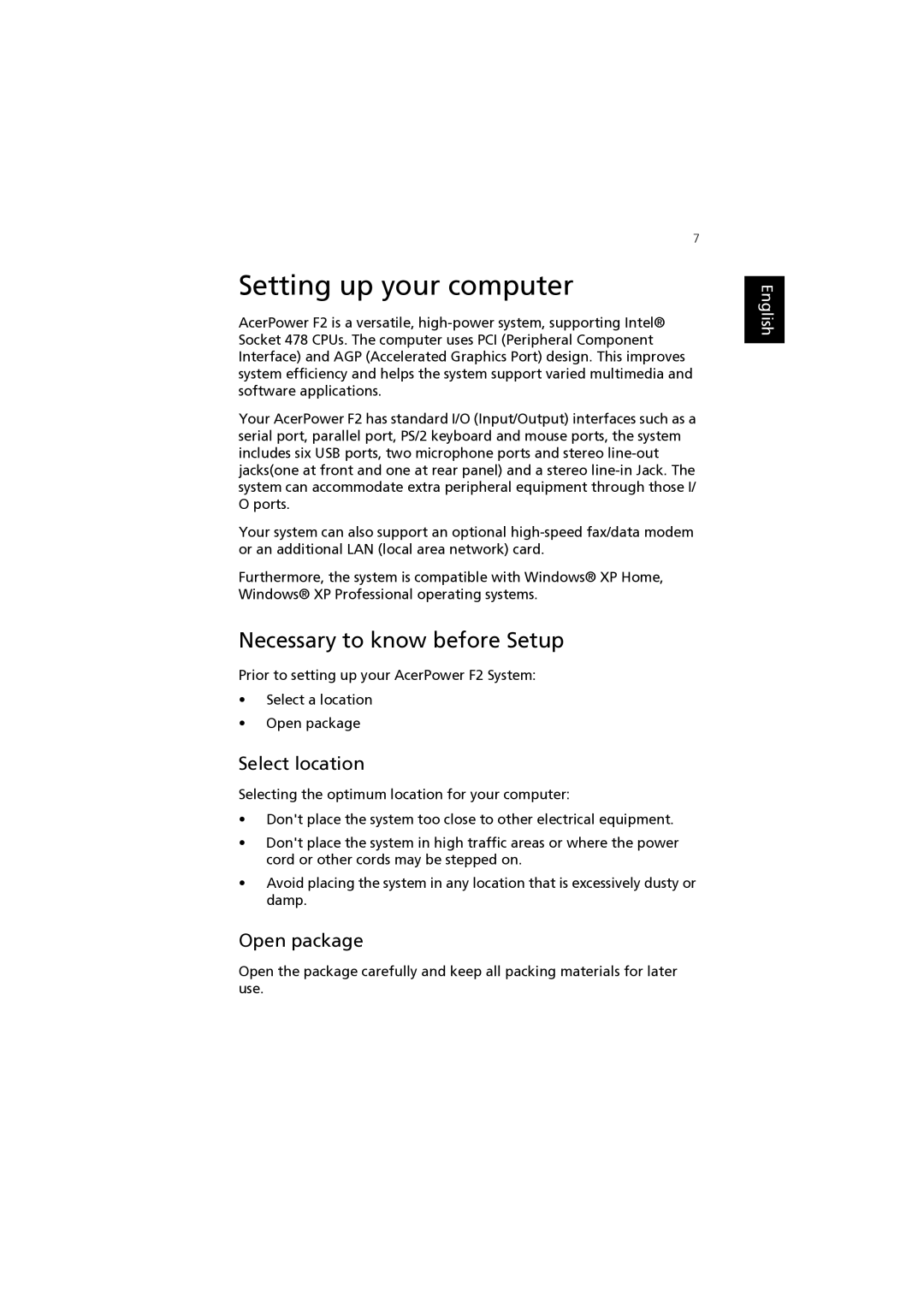 Acer F2 manual Setting up your computer, Necessary to know before Setup, Select location, Open package 