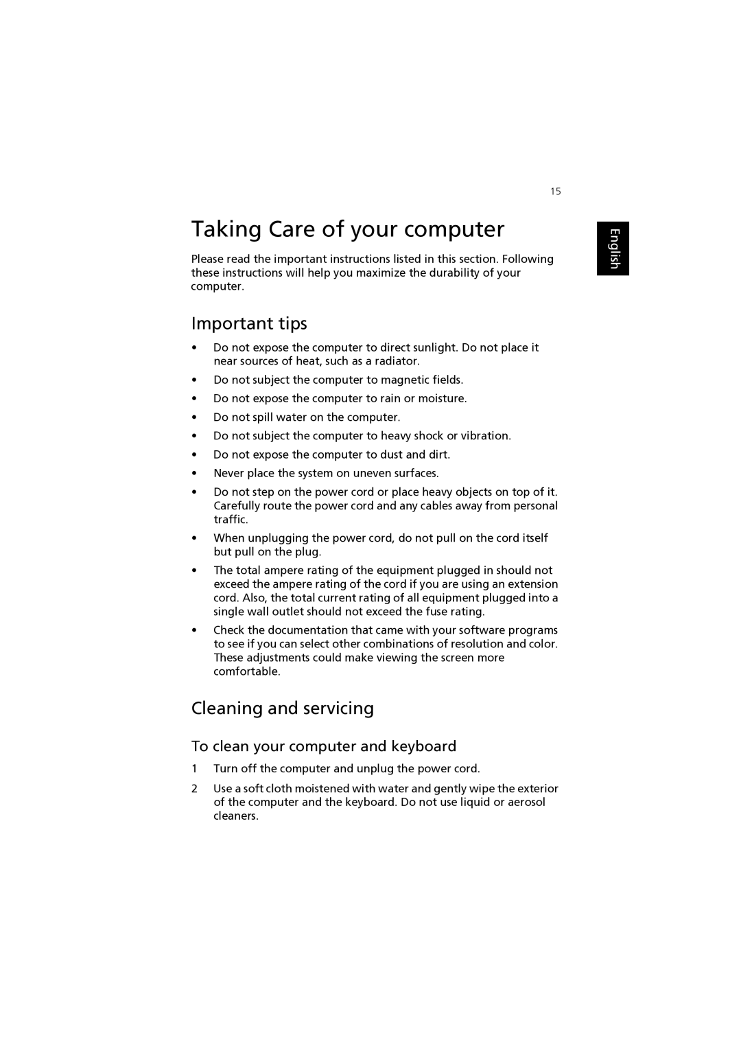 Acer F2 manual Taking Care of your computer, Important tips, Cleaning and servicing, To clean your computer and keyboard 