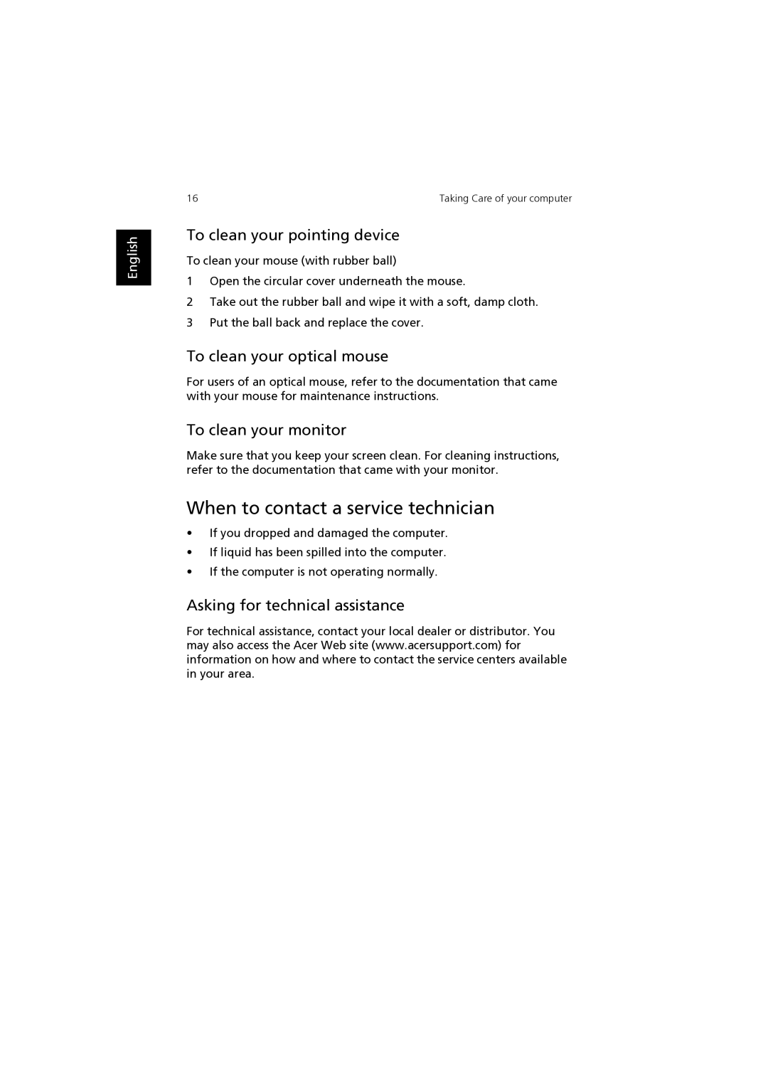 Acer F2 manual When to contact a service technician, To clean your pointing device, To clean your optical mouse 