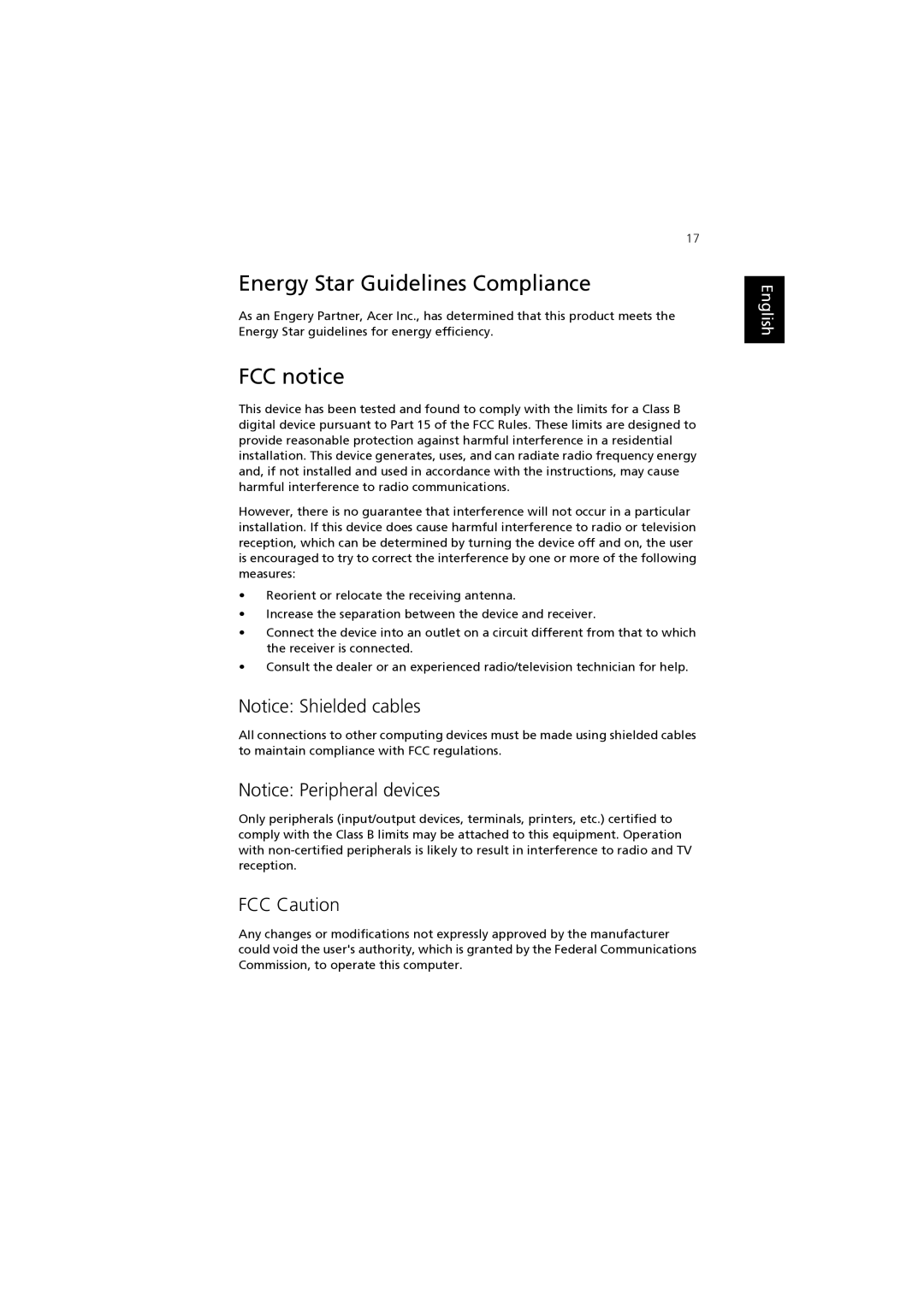 Acer F2 manual Energy Star Guidelines Compliance, FCC notice, FCC Caution 