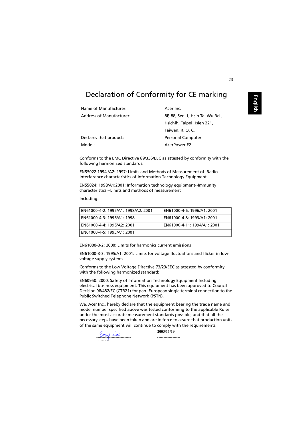 Acer F2 manual Declaration of Conformity for CE marking 