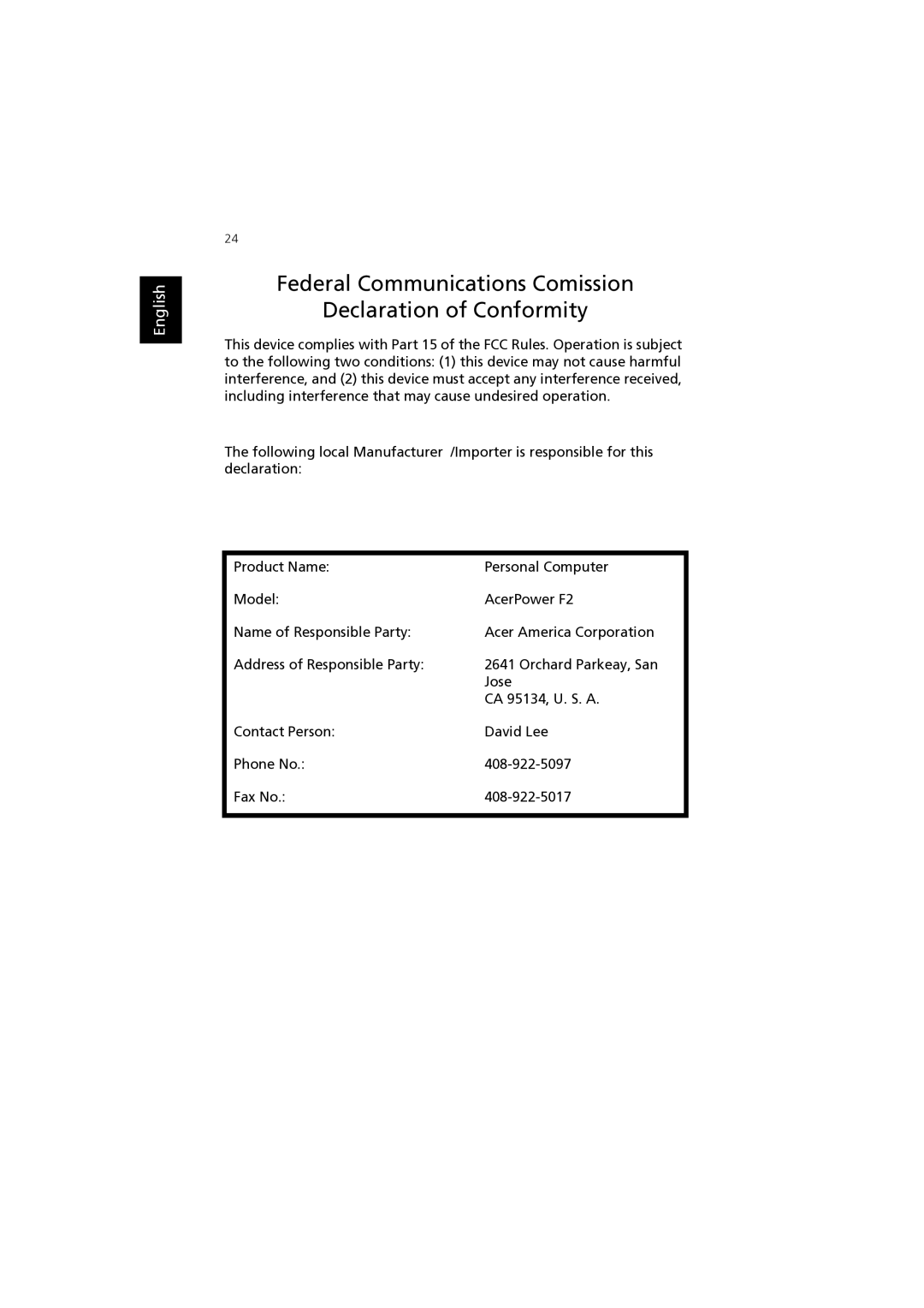 Acer F2 manual Federal Communications Comission Declaration of Conformity 