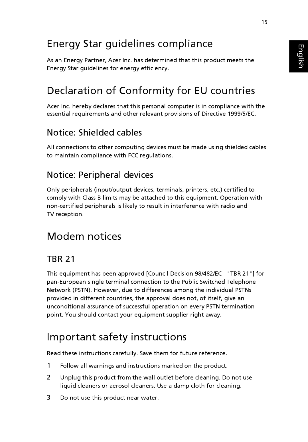 Acer F2B manual Energy Star guidelines compliance, Declaration of Conformity for EU countries, Modem notices, Tbr 