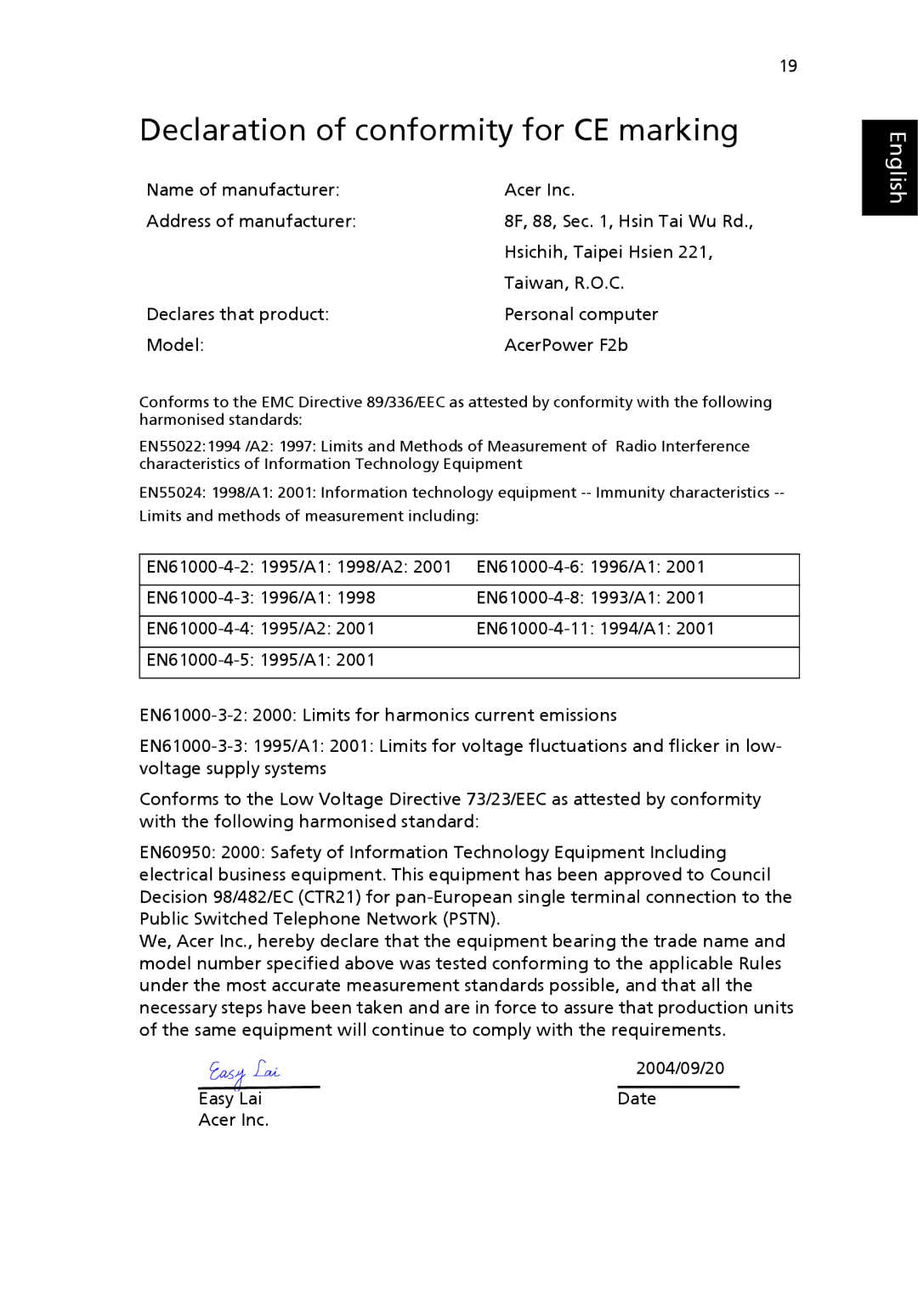 Acer F2B manual Declaration of conformity for CE marking, Declares that product Personal computer Model AcerPower F2b 