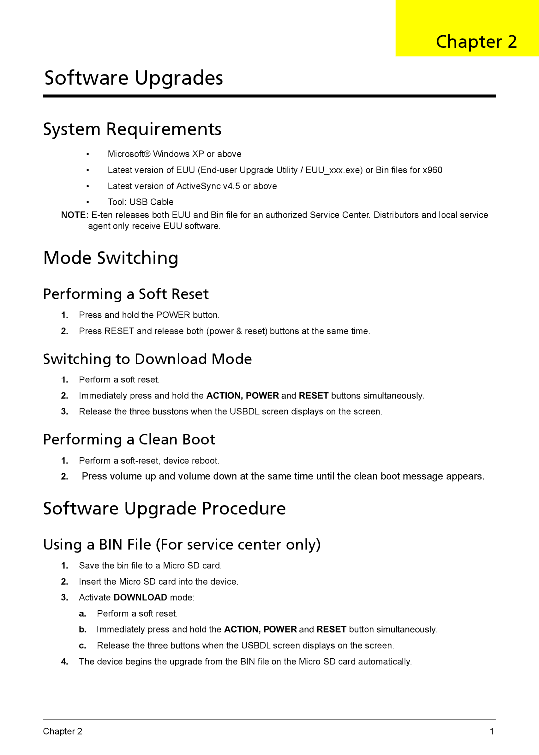 Acer F900 manual System Requirements, Mode Switching, Software Upgrade Procedure 