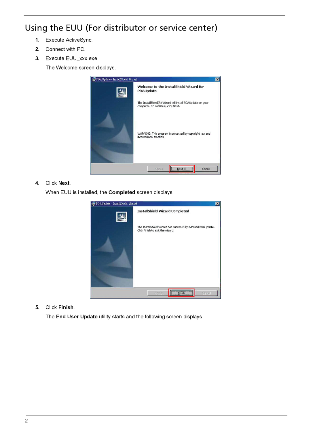 Acer F900 manual Using the EUU For distributor or service center 