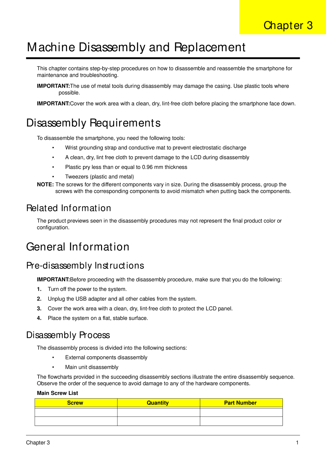 Acer F900 manual Disassembly Requirements, General Information, Related Information, Pre-disassembly Instructions 