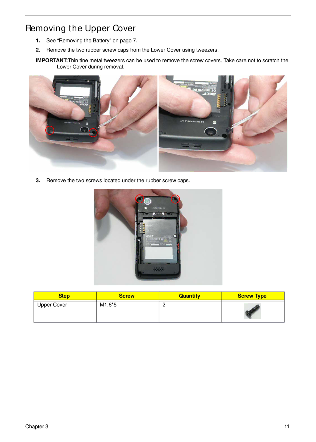 Acer F900 manual Removing the Upper Cover, Step Screw Quantity Screw Type Upper Cover M1.6*5 