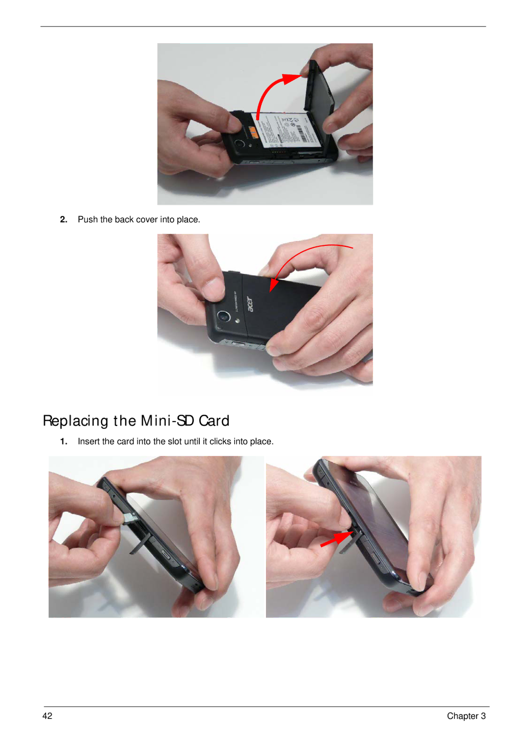 Acer F900 manual Replacing the Mini-SD Card 