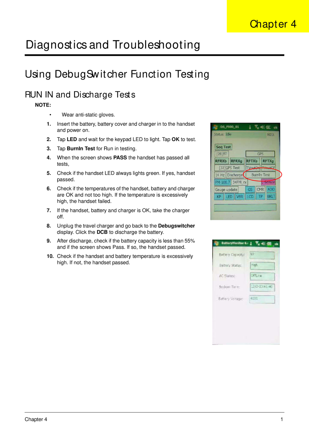 Acer F900 manual Using DebugSwitcher Function Testing, RUN in and Discharge Tests 