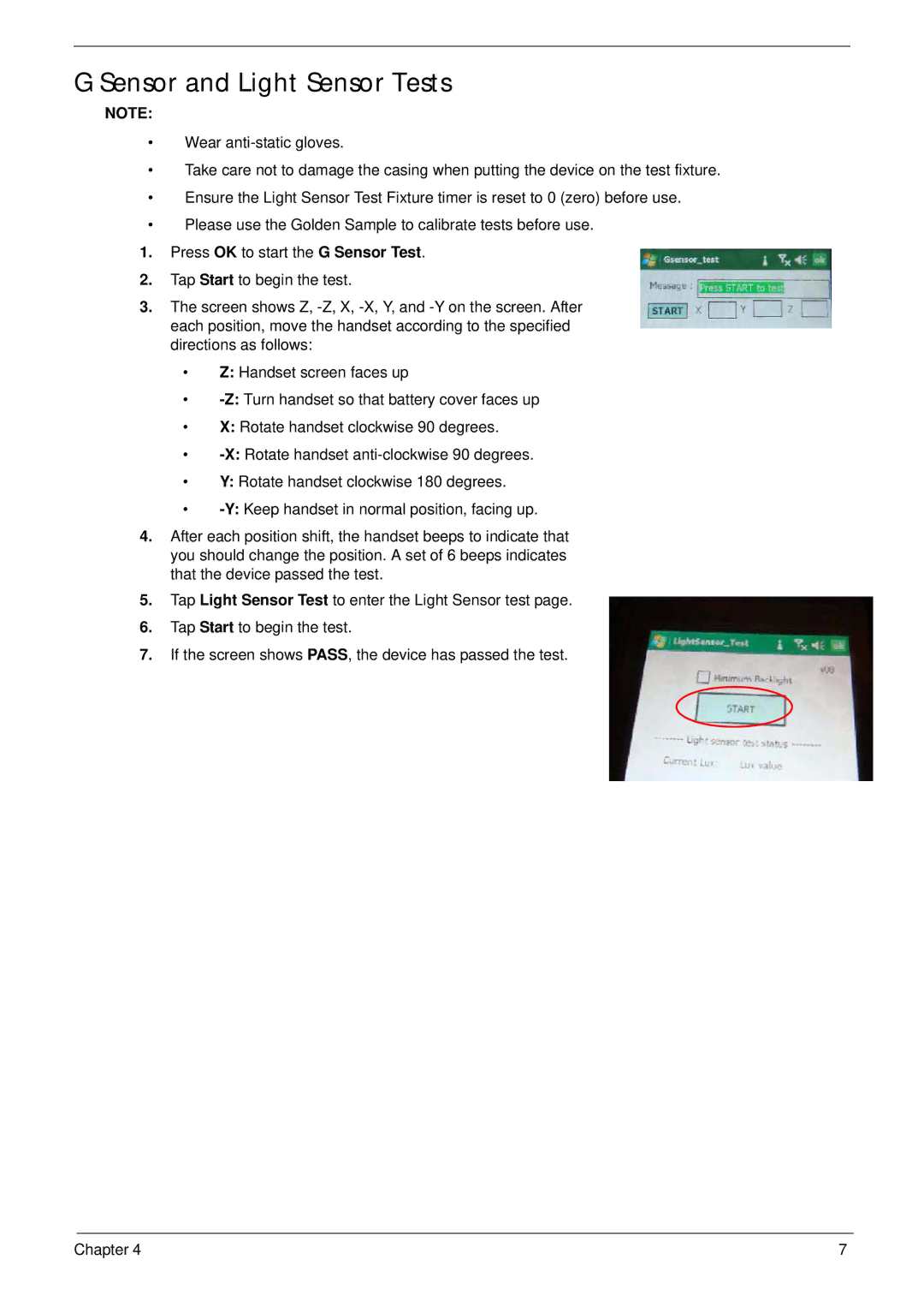 Acer F900 manual Sensor and Light Sensor Tests 