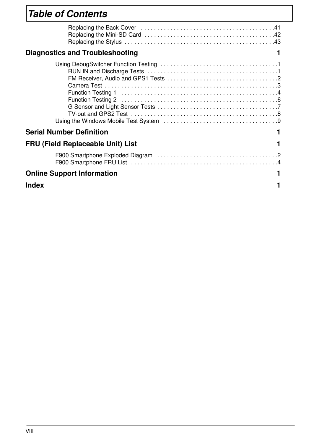 Acer F900 manual Serial Number Definition FRU Field Replaceable Unit List 