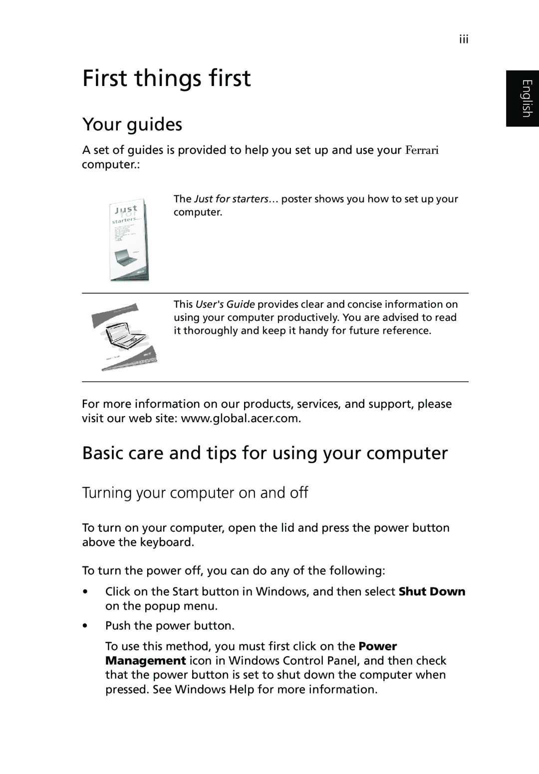 Acer Ferrari 3200 manual First things first, Your guides, Basic care and tips for using your computer 