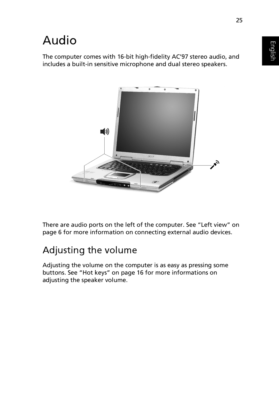 Acer Ferrari 3200 manual Audio, Adjusting the volume 