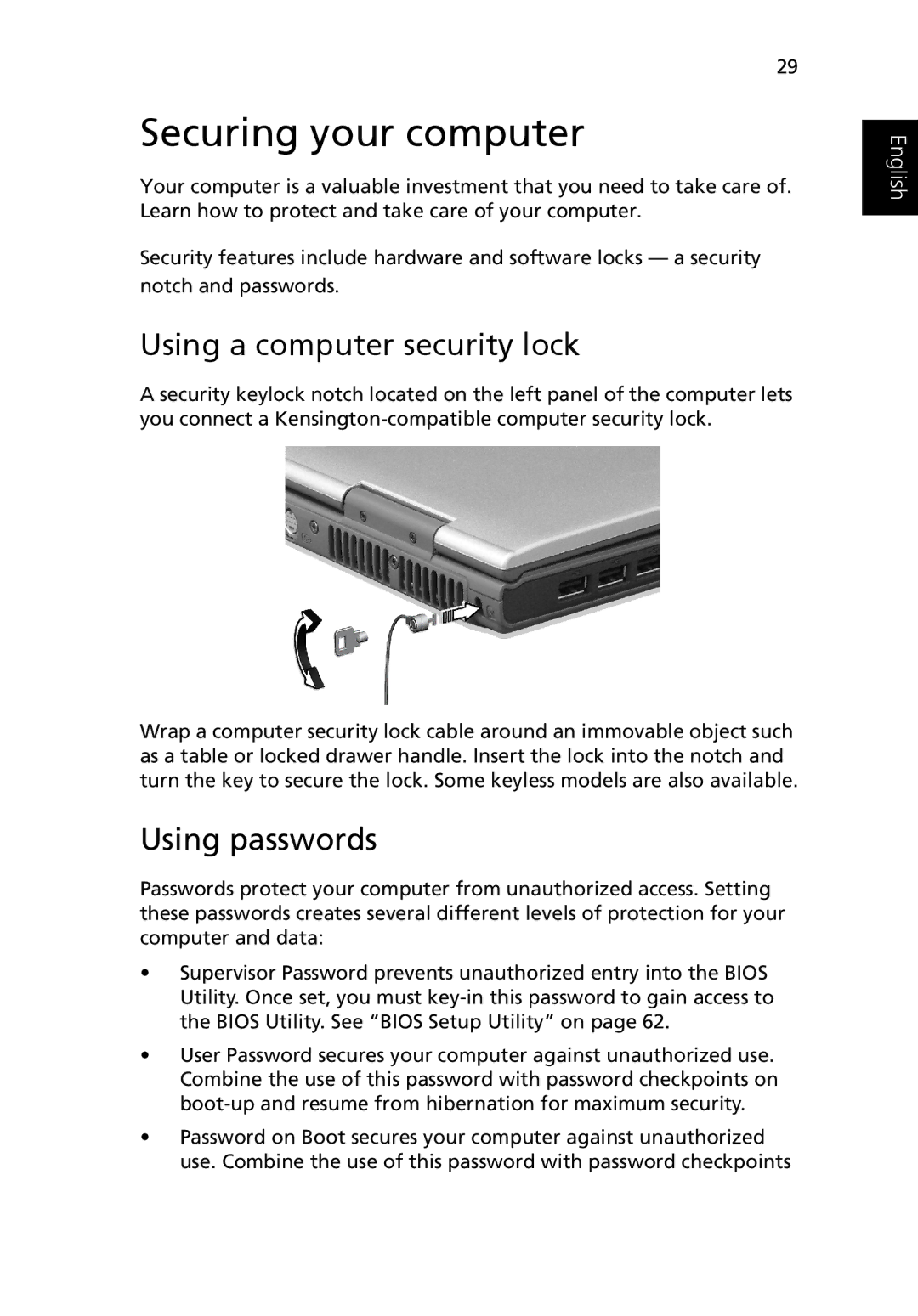 Acer Ferrari 3200 manual Securing your computer, Using a computer security lock, Using passwords 