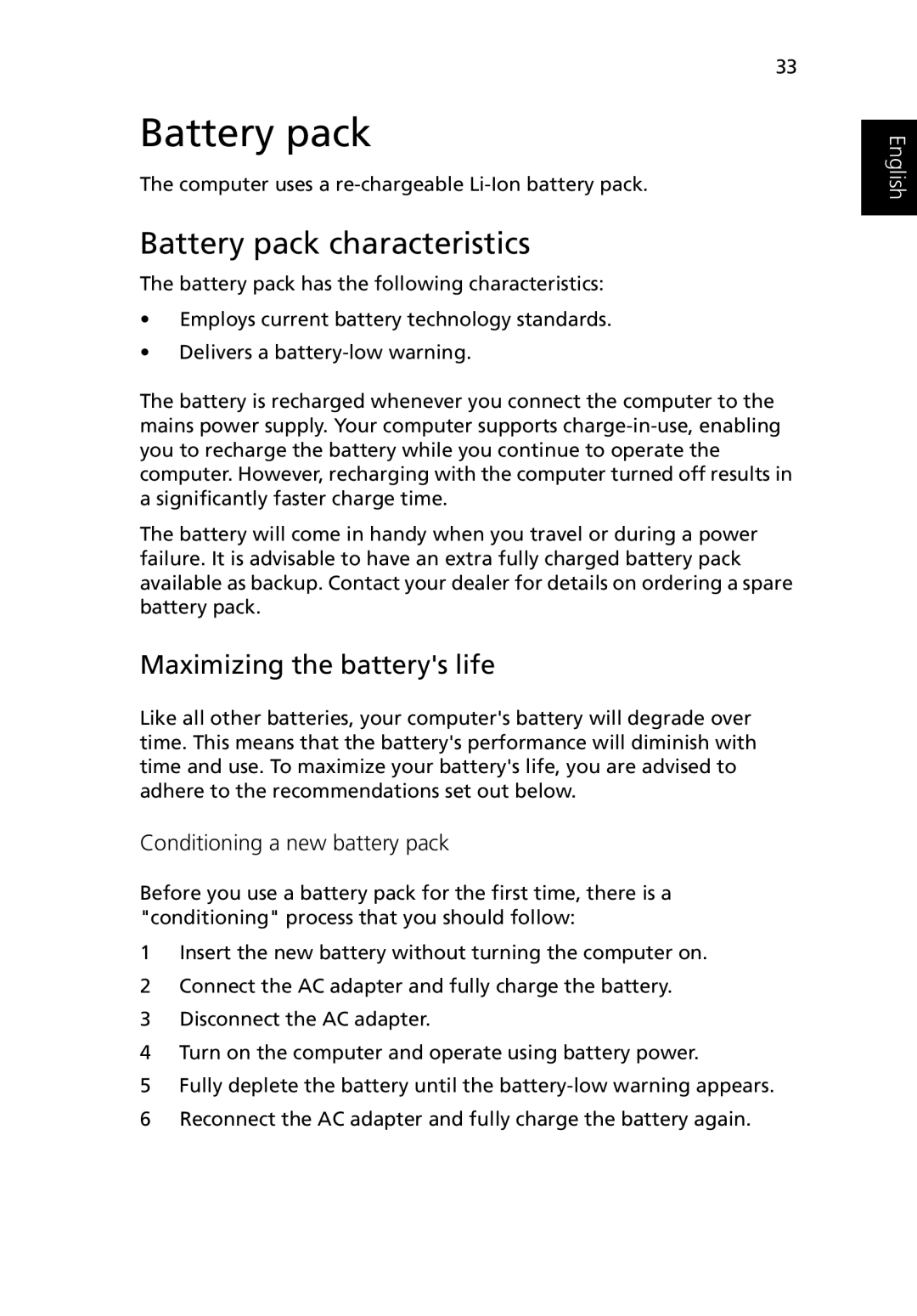 Acer Ferrari 3200 manual Battery pack characteristics, Maximizing the batterys life 