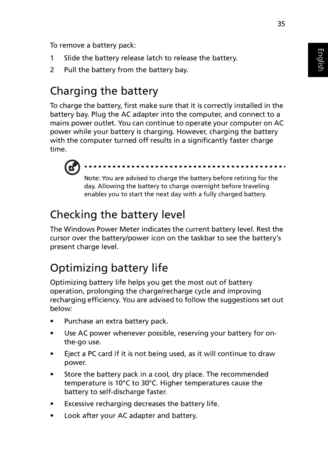 Acer Ferrari 3200 manual Charging the battery, Checking the battery level, Optimizing battery life 