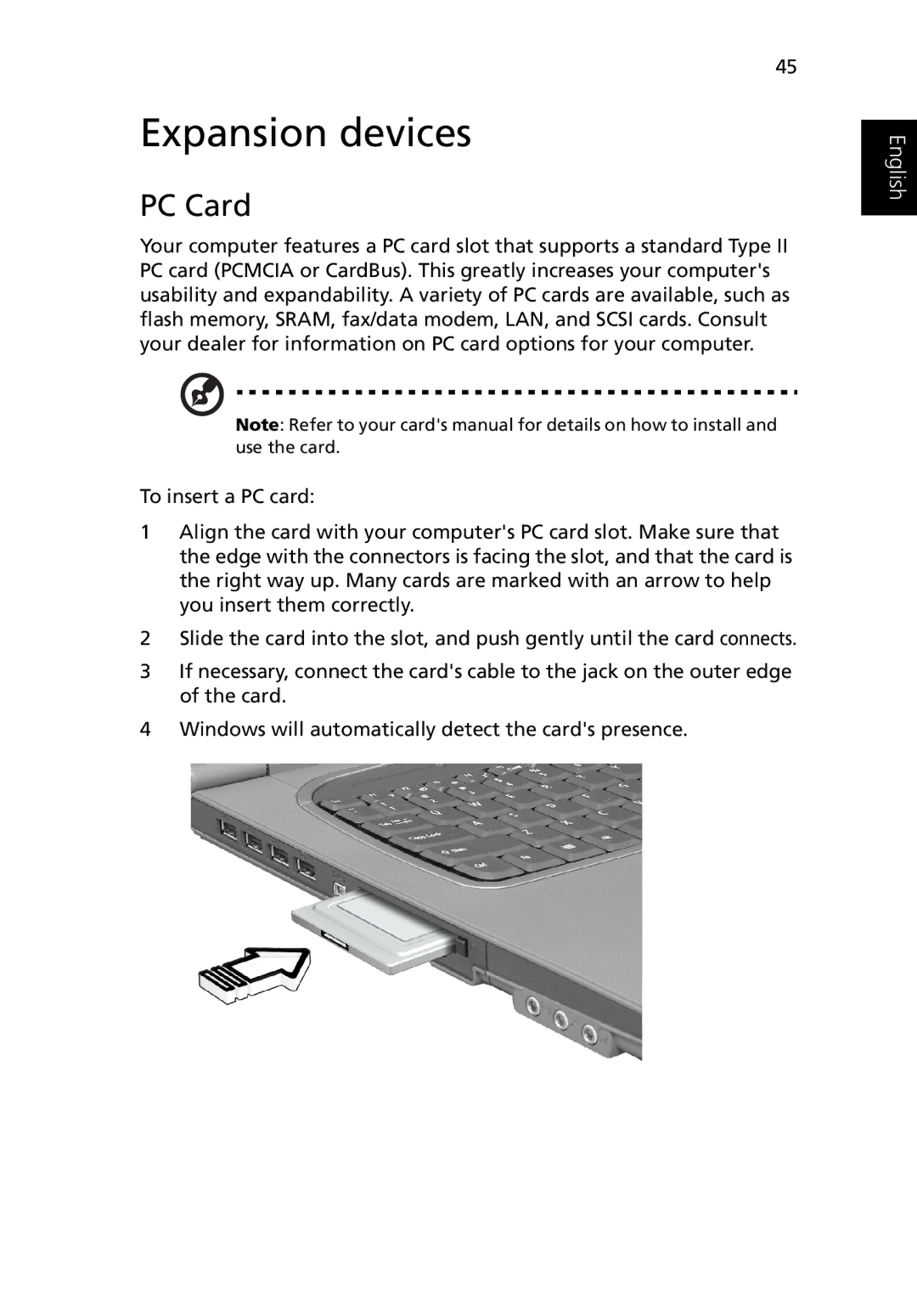 Acer Ferrari 3200 manual Expansion devices, PC Card 