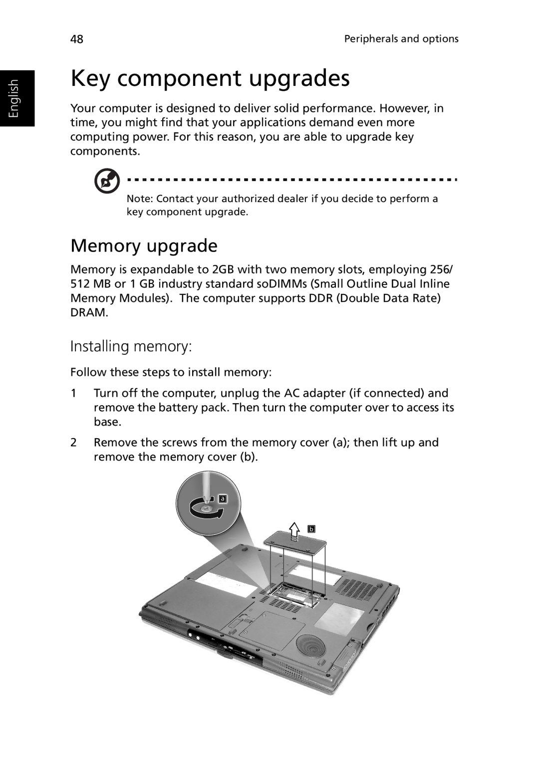 Acer Ferrari 3200 manual Key component upgrades, Memory upgrade, Installing memory 