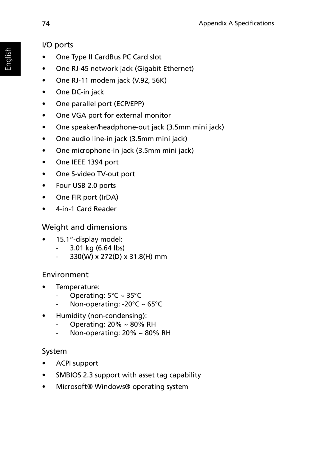 Acer Ferrari 3200 manual Weight and dimensions 