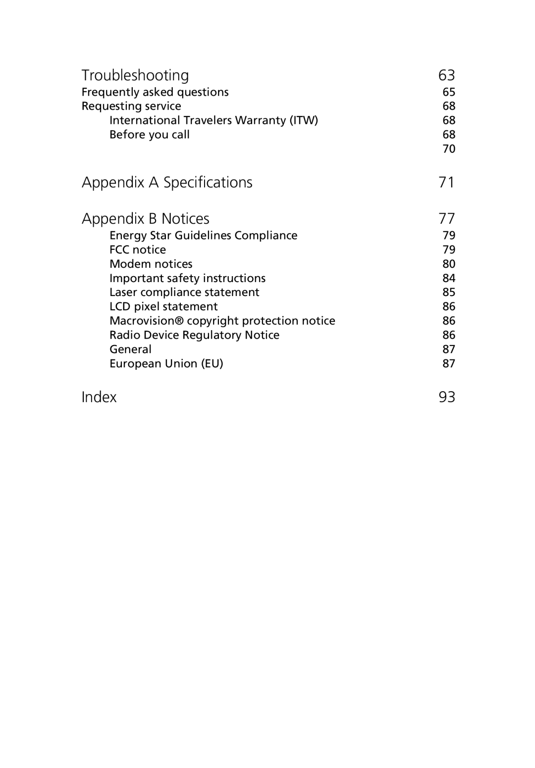 Acer Ferrari 3200 manual Troubleshooting, Appendix a Specifications Appendix B Notices, Index 