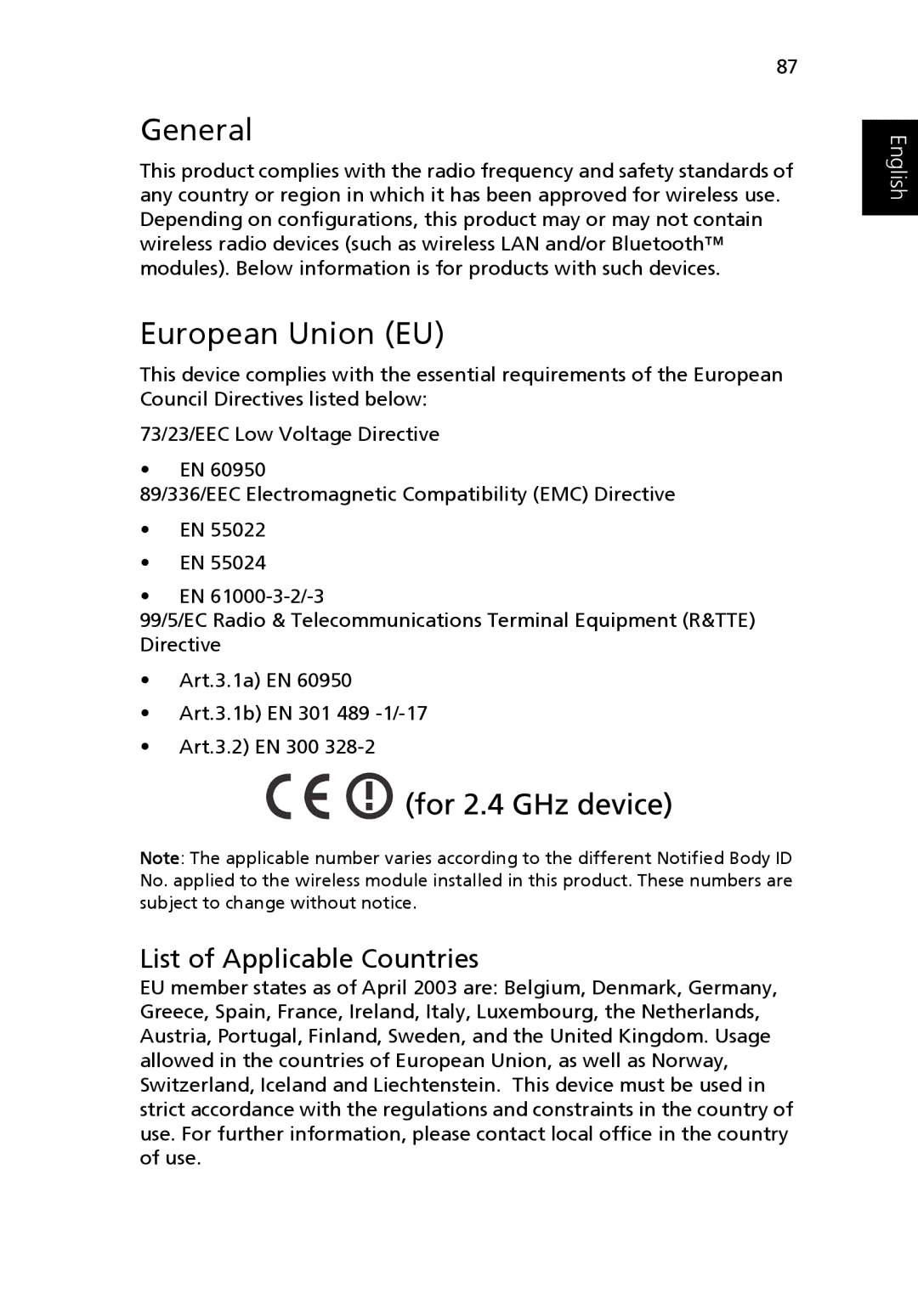 Acer Ferrari 3200 manual General, European Union EU 