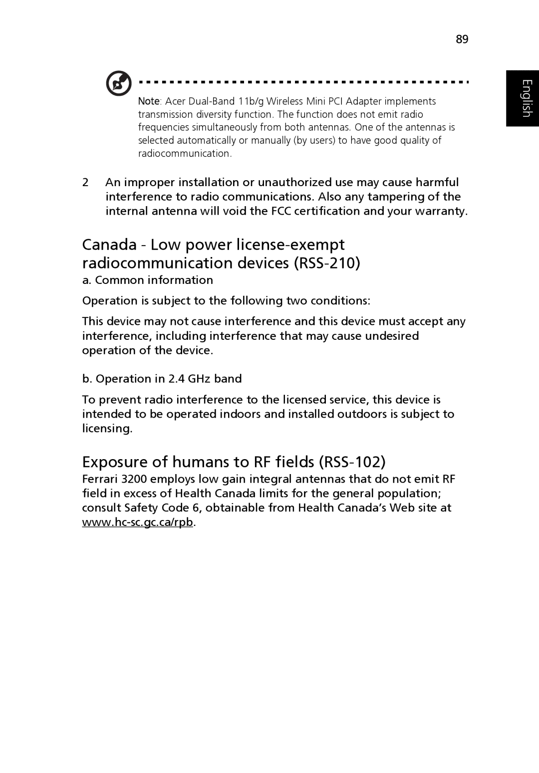 Acer Ferrari 3200 manual Exposure of humans to RF fields RSS-102 