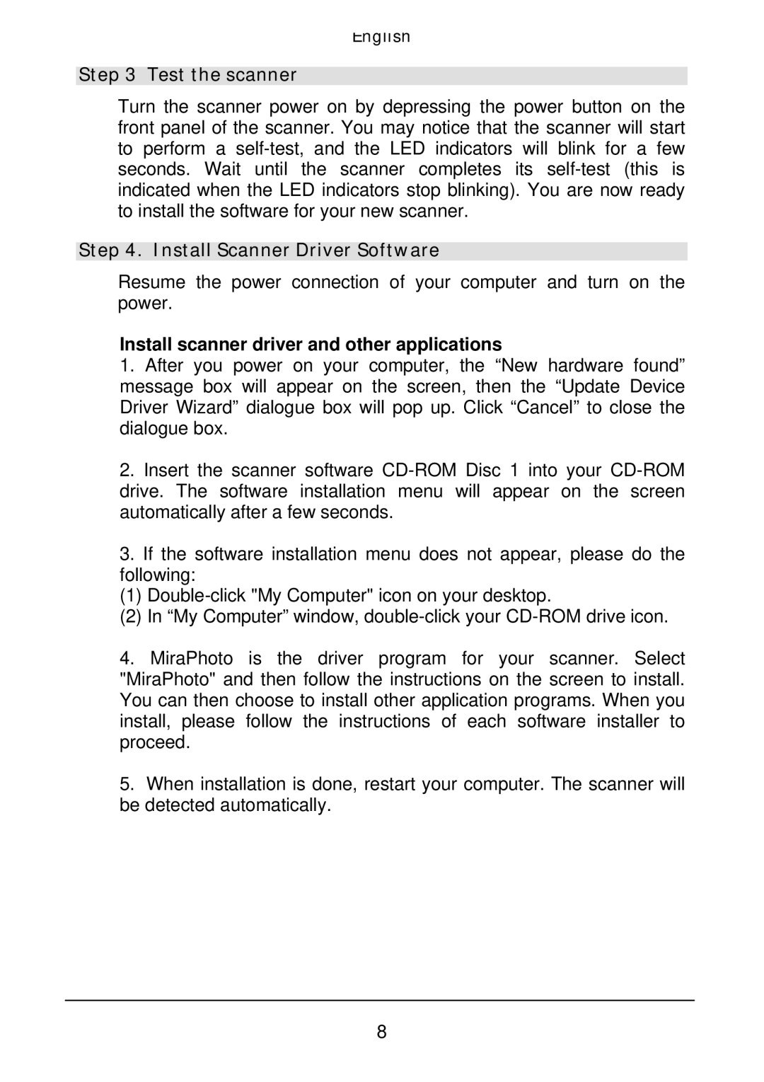 Acer Film Scanner Test the scanner, Install Scanner Driver Software, Install scanner driver and other applications 