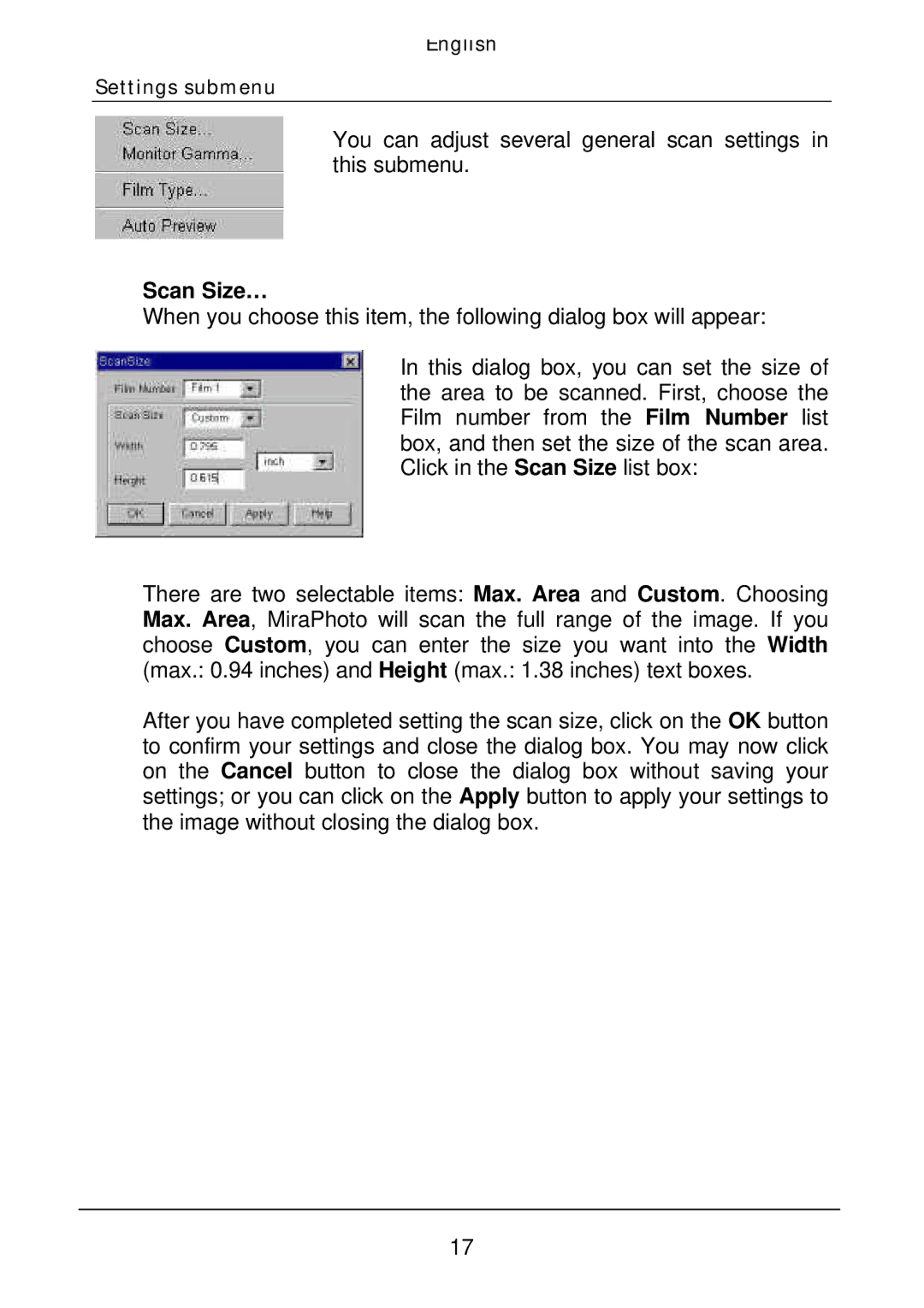 Acer Film Scanner user manual Scan Size… 