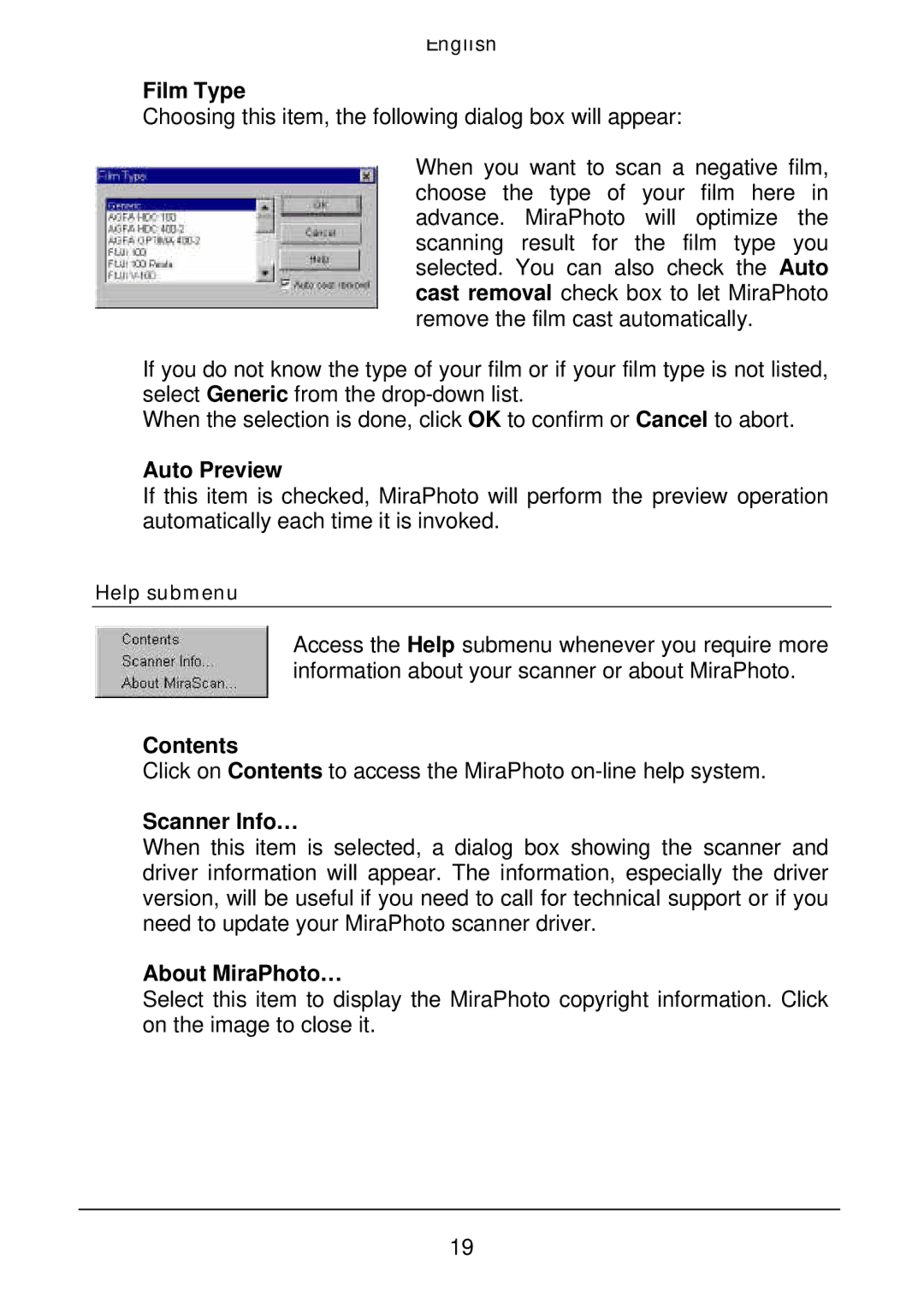 Acer Film Scanner user manual Film Type, Auto Preview, Contents, Scanner Info…, About MiraPhoto… 