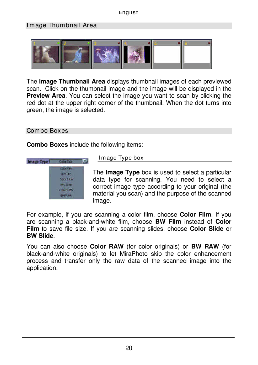 Acer Film Scanner user manual Image Thumbnail Area, Combo Boxes 