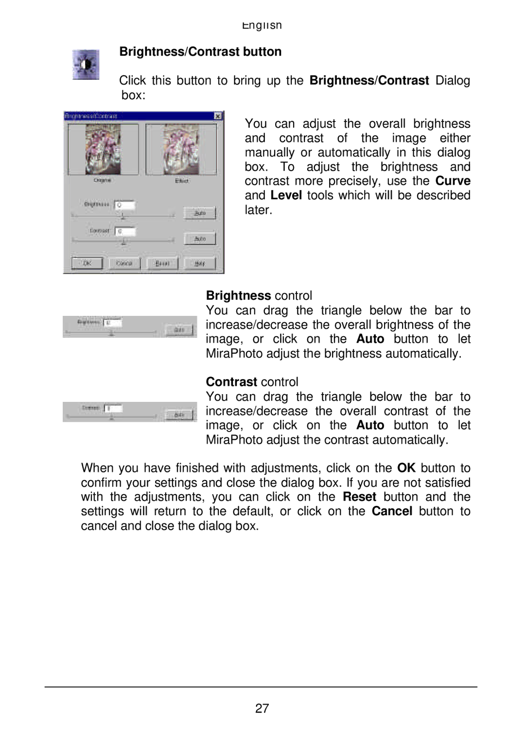 Acer Film Scanner user manual Brightness/Contrast button, Brightness control, Contrast control 