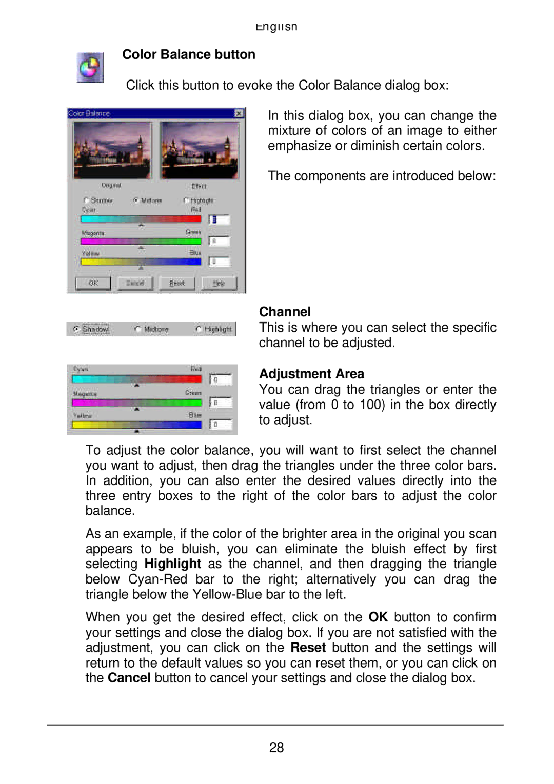 Acer Film Scanner user manual Color Balance button, Channel, Adjustment Area 