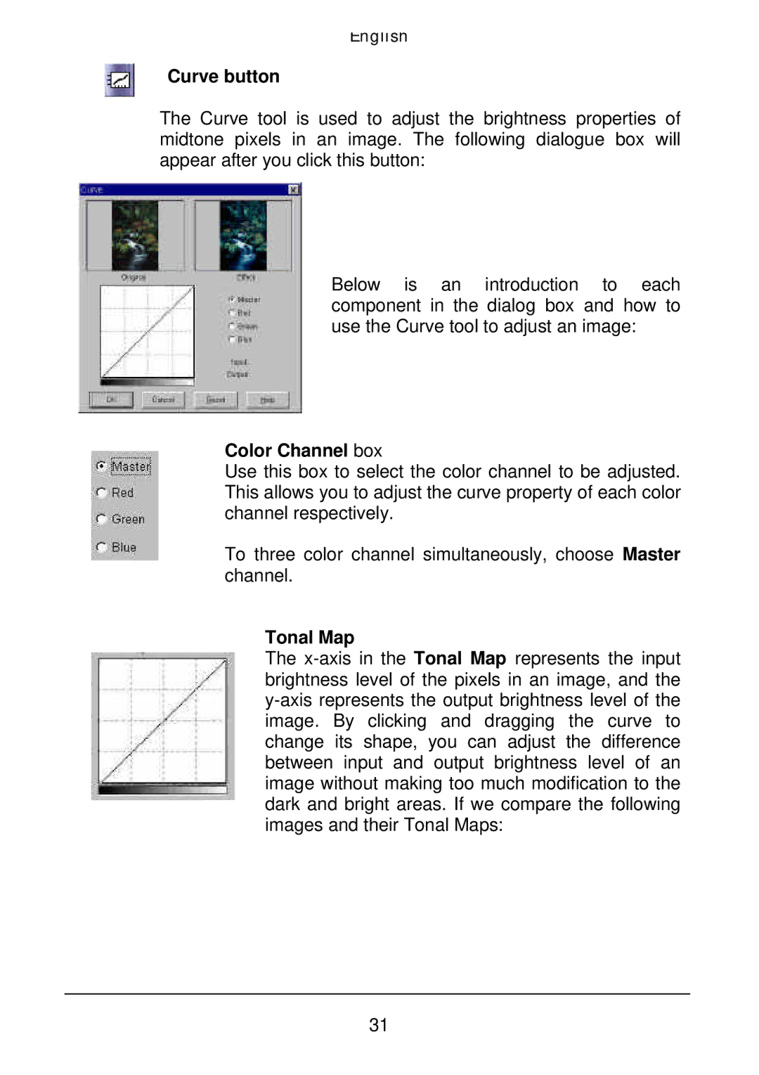 Acer Film Scanner user manual Curve button, Color Channel box, Tonal Map 