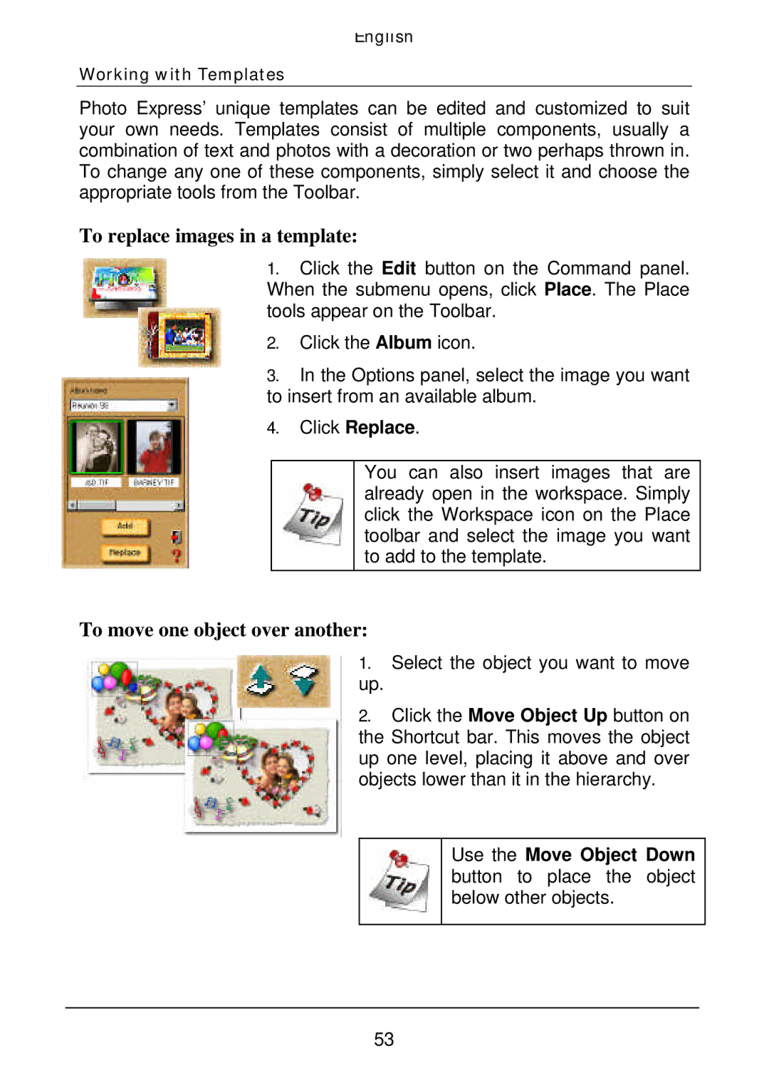 Acer Film Scanner user manual To replace images in a template, To move one object over another 