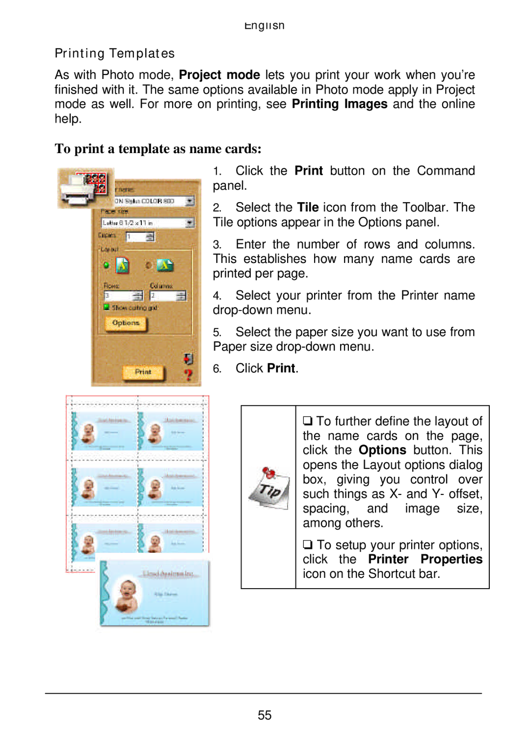 Acer Film Scanner user manual To print a template as name cards, Printing Templates 