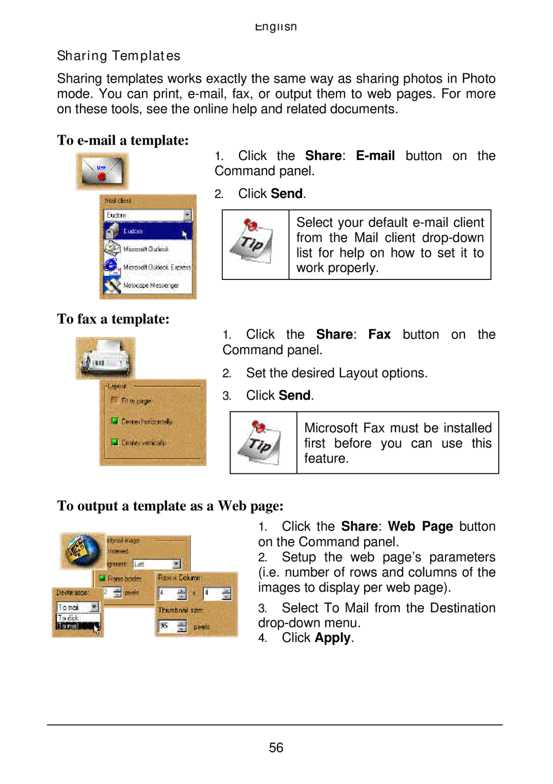 Acer Film Scanner user manual To e-mail a template, To fax a template, To output a template as a Web, Sharing Templates 