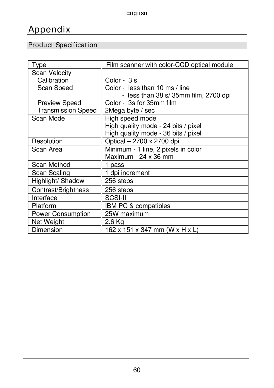 Acer Film Scanner user manual Appendix, Product Specification 