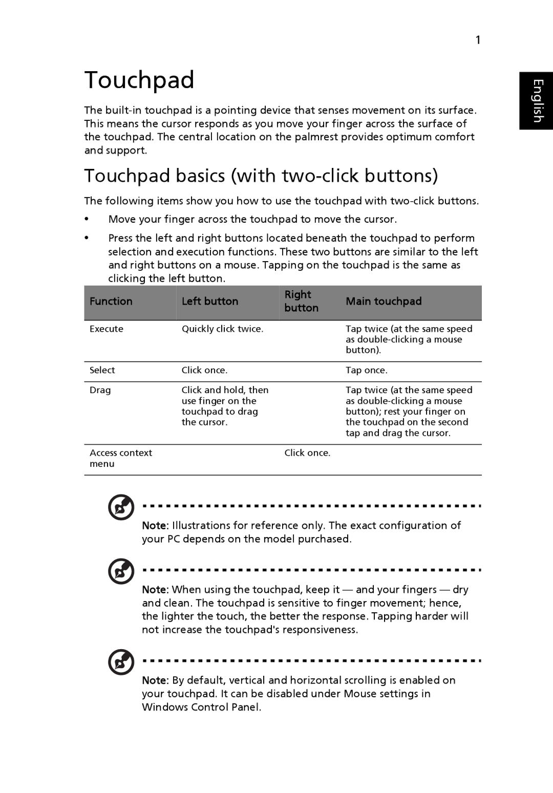 Acer FO200 manual Touchpad basics with two-click buttons 